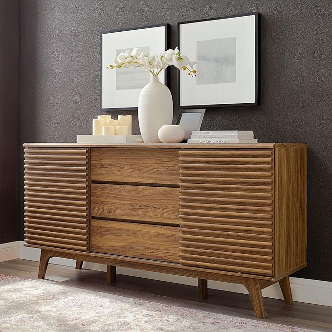 Modway Render 63" Mid-Century Modern Sideboard Buffet Table or TV Stand in Walnut - LeafyLoom