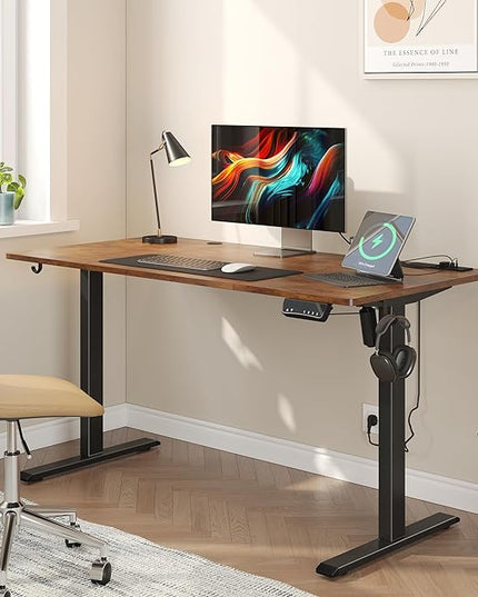 JOISCOPE Height Adjustable Electric Standing Desk with Power Outlets, 55 x 24 Inch Sit Stand Desk for Small Space Home Office, Vintage Oak - LeafyLoom