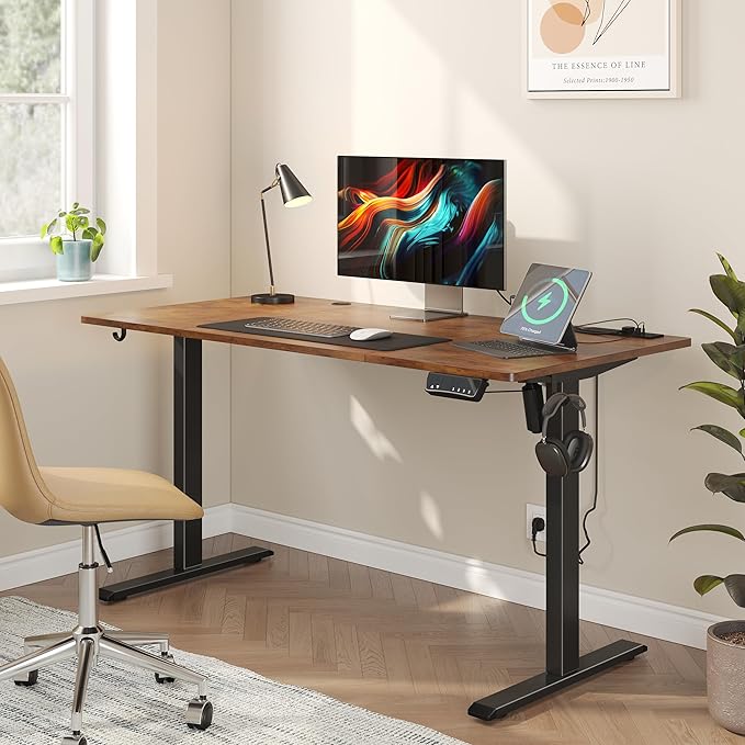 JOISCOPE Height Adjustable Electric Standing Desk with Power Outlets, 55 x 24 Inch Sit Stand Desk for Small Space Home Office, Vintage Oak - LeafyLoom