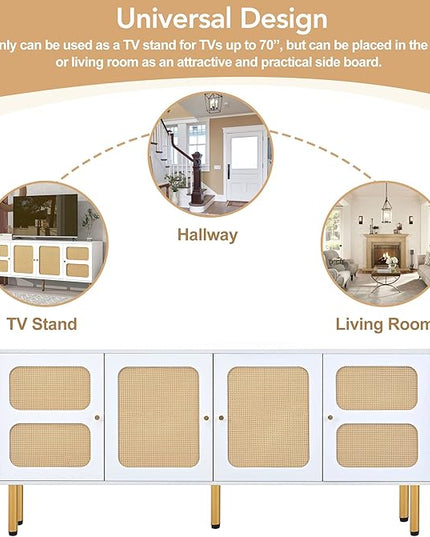 NicBex TV Stand for 70 Inch TV Modern TV Media Console Table with Rattan Door and Gold Metal Base,Entertainment Center with Storage for Living Room,64.9 Inch,White - LeafyLoom