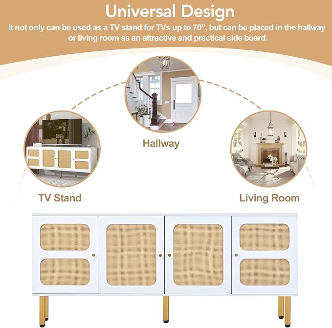 NicBex TV Stand for 70 Inch TV Modern TV Media Console Table with Rattan Door and Gold Metal Base,Entertainment Center with Storage for Living Room,64.9 Inch,White - LeafyLoom