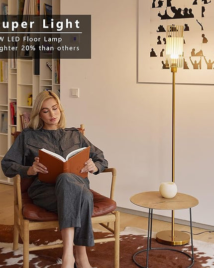 Floor Lamp with Metal Cage Shade & 6W LED Bulb - Indoor Brass Pole Light to Match Living Room or Bedroom in Farmhouse, Vintage, or Rustic Style - Standing, Tall Lighting - Gold - LeafyLoom