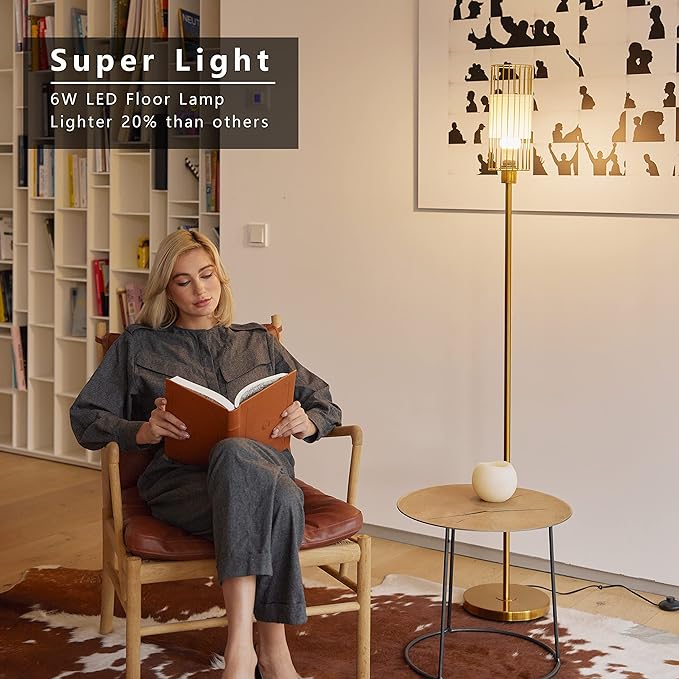 Floor Lamp with Metal Cage Shade & 6W LED Bulb - Indoor Brass Pole Light to Match Living Room or Bedroom in Farmhouse, Vintage, or Rustic Style - Standing, Tall Lighting - Gold - LeafyLoom