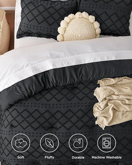 Bedsure King Size Comforter Set - Black Comforter, Boho Tufted Shabby Chic Bedding Comforter Set, 3 Pieces Farmhouse Bed Set for All Seasons, Fluffy Soft Bedding Set with 2 Pillow Shams - LeafyLoom