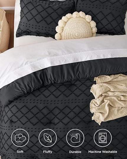 Bedsure Full Size Comforter Set - Black Comforter, Boho Tufted Shabby Chic Bedding Comforter Set, 3 Pieces Vintage Farmhouse Bed Set for All Seasons, Fluffy Soft Bedding Set with 2 Pillow Shams - LeafyLoom