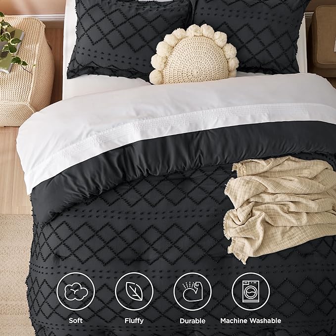 Bedsure Full Size Comforter Set - Black Comforter, Boho Tufted Shabby Chic Bedding Comforter Set, 3 Pieces Vintage Farmhouse Bed Set for All Seasons, Fluffy Soft Bedding Set with 2 Pillow Shams - LeafyLoom