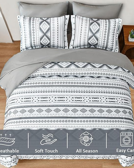 Dinjoy Grey Boho Comforter Set Queen Size,7 Pieces Bed in a Bag Queen Light Gray Aztec Bedding Sets with Sheets Bohemian Geometric Striped Complete Set for All Seasons 90"x90" - LeafyLoom