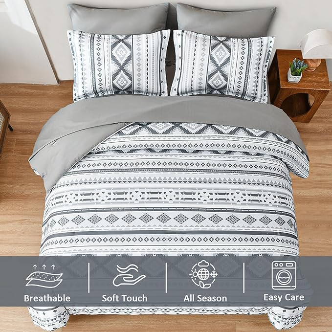 Dinjoy Grey Boho Comforter Set Queen Size,7 Pieces Bed in a Bag Queen Light Gray Aztec Bedding Sets with Sheets Bohemian Geometric Striped Complete Set for All Seasons 90"x90" - LeafyLoom
