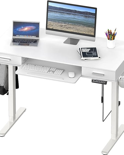 SHW 48-Inch Electric Height Adjustable Desk with Keyboard Tray and Two Drawers - LeafyLoom