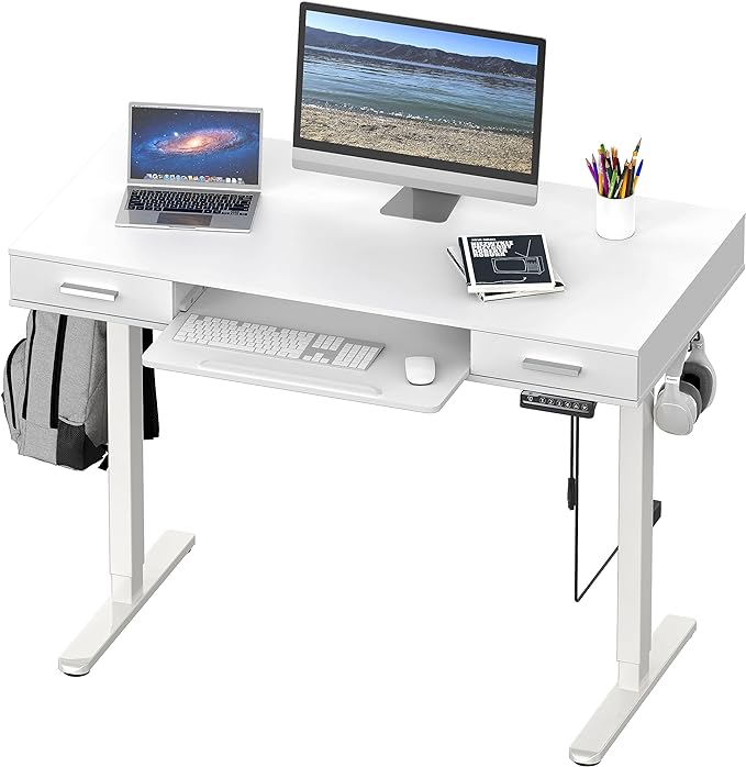 SHW 48-Inch Electric Height Adjustable Desk with Keyboard Tray and Two Drawers - LeafyLoom
