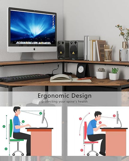 Corner Desk with Drawers Shelves for Small Space 90 Degrees Triangle Computer Desk with Power Outlets,Gaming Desk with LED Lights Monitor Stand for Home Office Workstation Writing Table (Brown) - LeafyLoom