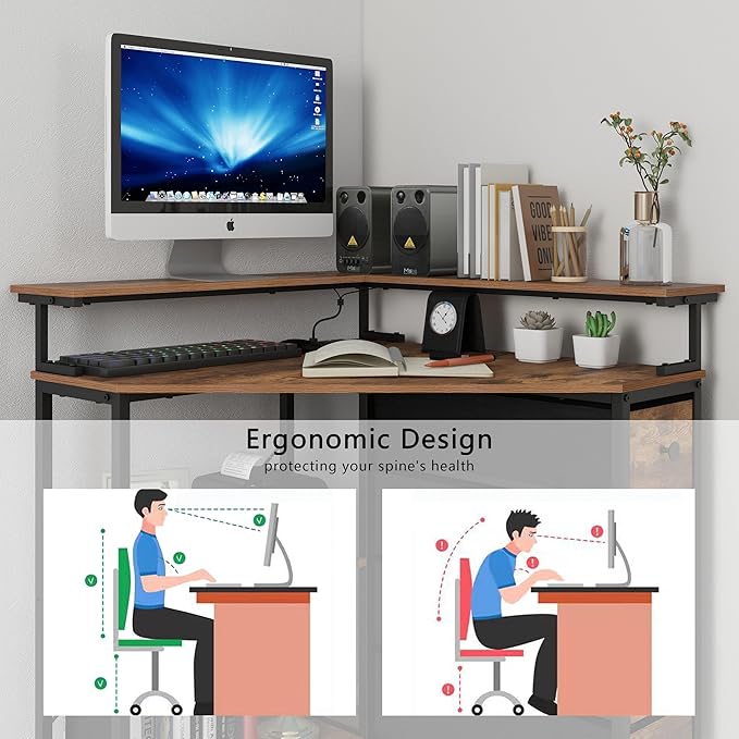 Corner Desk with Drawers Shelves for Small Space 90 Degrees Triangle Computer Desk with Power Outlets,Gaming Desk with LED Lights Monitor Stand for Home Office Workstation Writing Table (Brown) - LeafyLoom