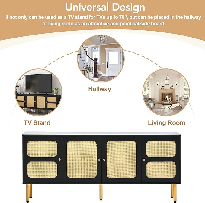 Merax Boho TV Stand with Rattan Door, Woven Media Console Table for Television Up to 70”, Country Style Design Side Board with Gold Metal Base for Living Room, 64.9" Length, Black - LeafyLoom