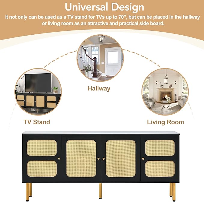 NicBex TV Stand for 70 Inch TV Modern TV Media Console Table with Rattan Door and Gold Metal Base,Entertainment Center with Storage for Living Room,64.9 Inch,Black - LeafyLoom