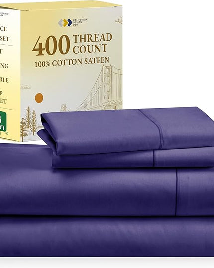 California Design Den 100% Cotton Sheets, Soft 4-Pc Queen Sheet Set, Cooling Sheets for Queen Size Bed, Deep Pockets, 400 Thread Count Sateen, Bedding Sheets & Pillowcases, Queen Sheets (Dark Purple) - LeafyLoom