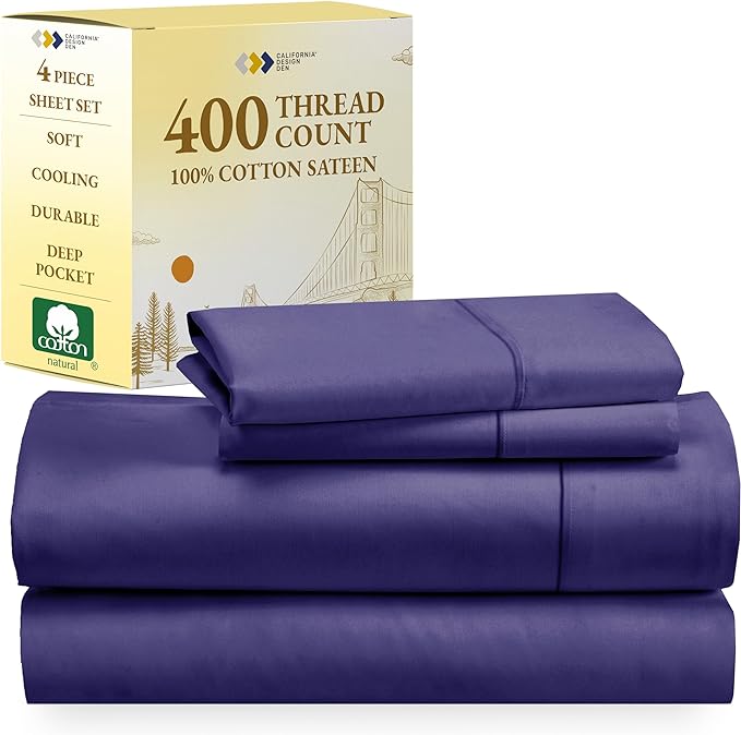 California Design Den Softest 100% Cotton Sheets, Full Size Sheet Sets, 4 Pc, 400 Thread Count Sateen Bedding, Deep Pocket Sheets, Cooling Sheets, Full Size Sheets, Breathable Bed Set (Dark Purple) - LeafyLoom