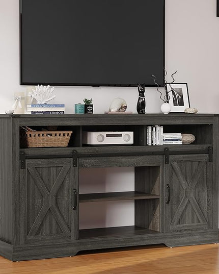 Farmhouse TV Stand for 23" Fireplace, 34'' Tall Entertainment Center for 65+ Inch TV, Rustic TV Console with Sliding Bar Door for Living Room (Dark Grey) - LeafyLoom