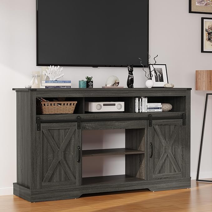 Farmhouse TV Stand for 23" Fireplace, 34'' Tall Entertainment Center for 65+ Inch TV, Rustic TV Console with Sliding Bar Door for Living Room (Dark Grey) - LeafyLoom
