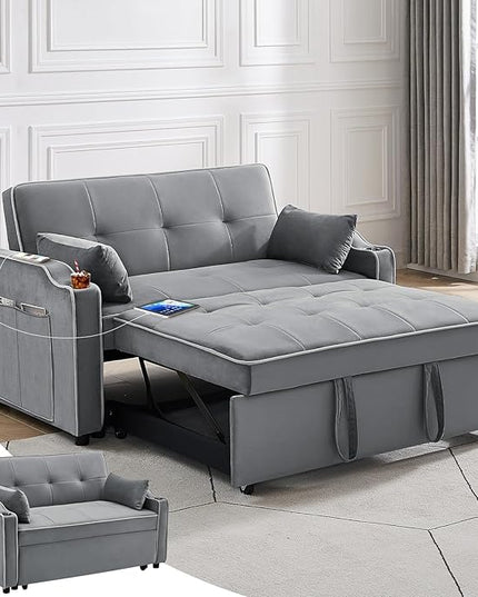 3 in 1 Loveseat Sofa Bed, Pull Out Couch Sleeper with Storage, Full Size Velvet Convertible Chair with 2 Pockets & 2 Pillows for Living Room, Grey - LeafyLoom