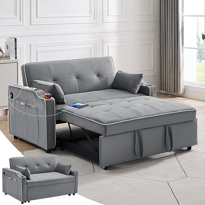 3 in 1 Loveseat Sofa Bed, Pull Out Couch Sleeper with Storage, Full Size Velvet Convertible Chair with 2 Pockets & 2 Pillows for Living Room, Grey - LeafyLoom