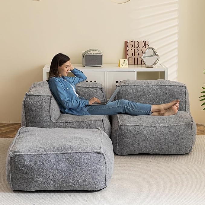 HIGOGOGO Modular Sectional Bean Bag Sofa Chair, Bean Bag Couch with Foam Chunk Filling, Removable & Washable Sherpa Cover, Floor Sofa for Family Living Room Bedroom, Type I - LeafyLoom