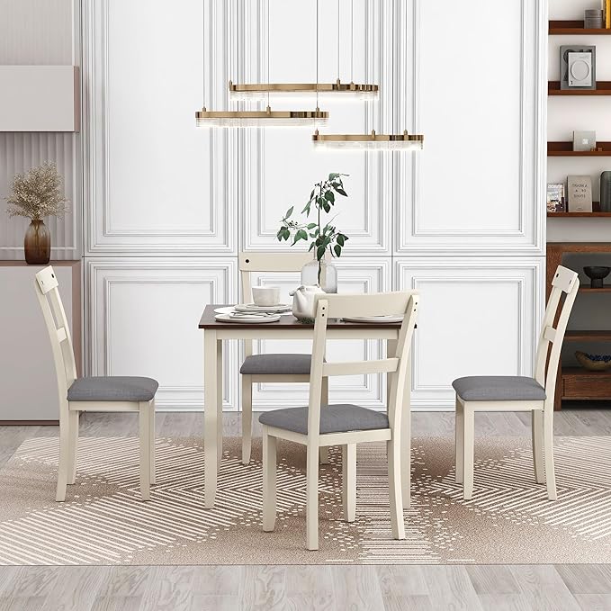 NicBex Small Dining Table Set for 4 Breakfast Nook Table Set 5 Piece Dining Table Set Industrial Wooden Kitchen Table and 4 Chairs for Dining Room, Living Room, Brown + Cottage White - LeafyLoom
