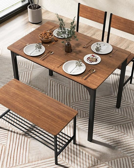LDAILY Moccha Dining Table Set for 4, Wooden Kitchen Table with with 2 Chairs and a Long Bench, Modern 4-Piece Dinette with Metal Frame & Storage Rack, Space-Saving Table Set for Dining Room, Teak - LeafyLoom