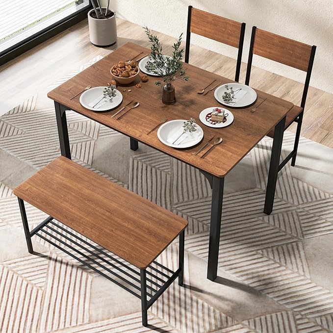 LDAILY Moccha Dining Table Set for 4, Wooden Kitchen Table with with 2 Chairs and a Long Bench, Modern 4-Piece Dinette with Metal Frame & Storage Rack, Space-Saving Table Set for Dining Room, Teak - LeafyLoom