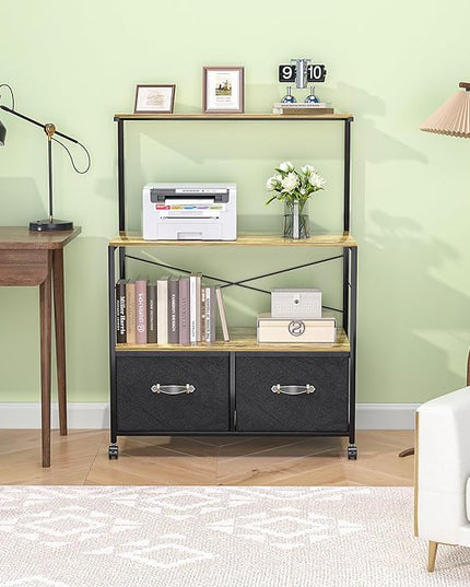 VECELO Mobile Lateral File Cabinet Rolling Printer Stand with 3 Open Storage Shelf, Ideal for Letter Size Folders, with Lockable Casters, Strong Steel Frame, Perfect for Office, 2 Drawer, Brown+Black - LeafyLoom