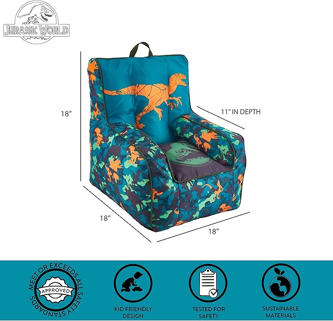 Idea Nuova Jurassic World 2 Kids Nylon Bean Bag Chair with Piping & Top Carry Handle, Blue, 18" H x 18" W - LeafyLoom