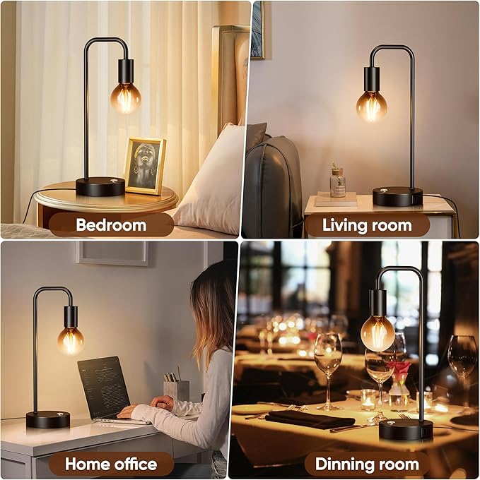 QiMH Industrial Table Lamps for Living Room, Farmhouse Table Lamp with USB A+C Ports, Minimalist Bedside Lamps set of 2, Touch Control Stepess Dimmable,8W G80 Globe Bulb, Black Lamps for Bedroom - LeafyLoom