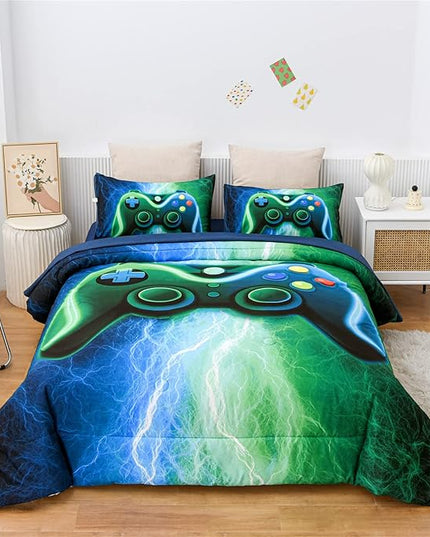 Meeting Story Gamer Gaming Bedding Sets Red Blue Lightnings Gamepad Comforter Set for Boys Games Console Action Buttons Novelty Colorful Modern Room Decor Home Quilt Set (Blue-Green, Twin 5Pcs) - LeafyLoom