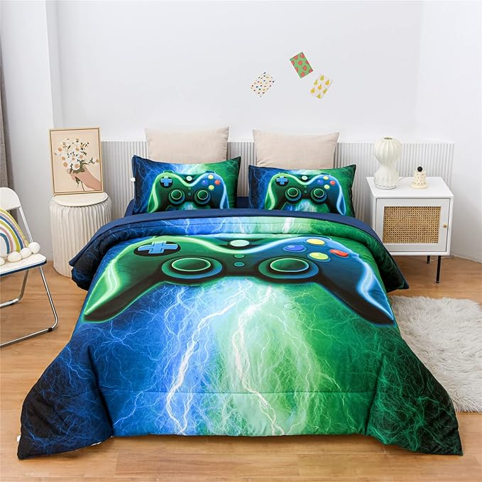 Meeting Story Gamer Gaming Bedding Sets Red Blue Lightnings Gamepad Comforter Set for Boys Games Console Action Buttons Novelty Colorful Modern Room Decor Home Quilt Set (Blue-Green, Full 5Pcs) - LeafyLoom