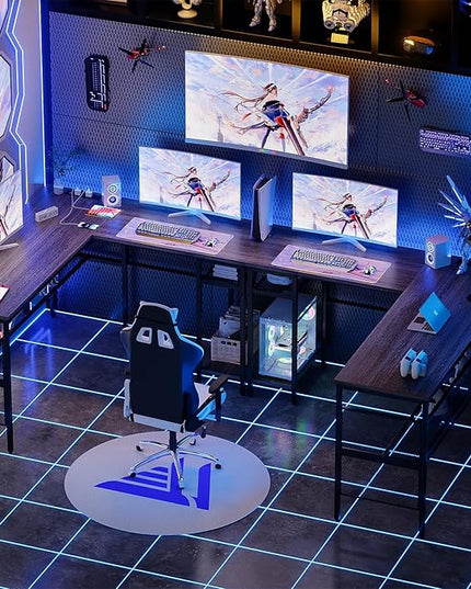 Reversible L Shaped Gaming Desk with Magic Power Outlets, 55 Inch Large Corner Computer Desk, Sturdy Home Office Table with Storage Shelf, Attractive Grid Design Writing Desk, Oak Walnut - LeafyLoom