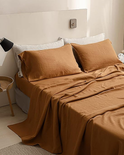 Simple&Opulence 100% Linen Sheet Set Solid Color-4 Pcs Washed French Linen Bed Sheets(1 Flat Sheet,1 Fitted Sheet,2 Pillowcases)-Breathable Bedding Set (Rust, King) - LeafyLoom