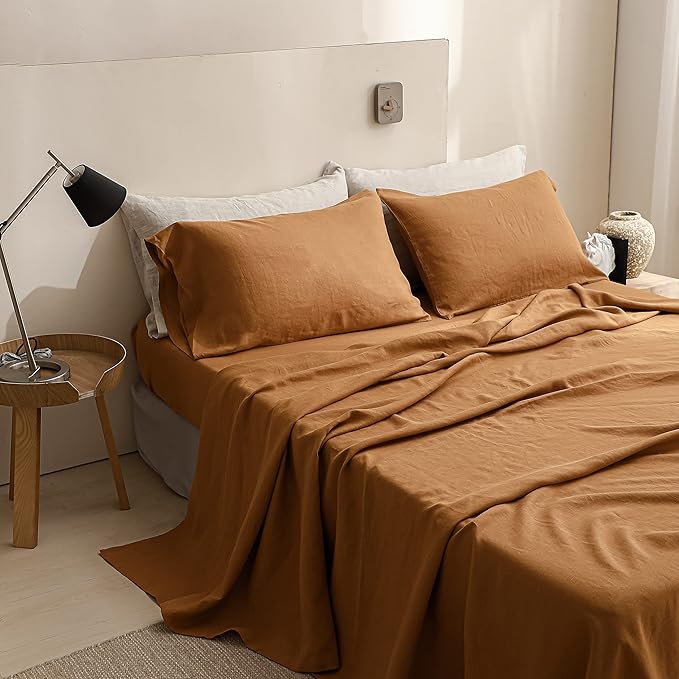 Simple&Opulence 100% Linen Sheet Set Solid Color-4 Pcs Washed French Linen Bed Sheets(1 Flat Sheet,1 Fitted Sheet,2 Pillowcases)-Breathable Bedding Set (Rust, King) - LeafyLoom