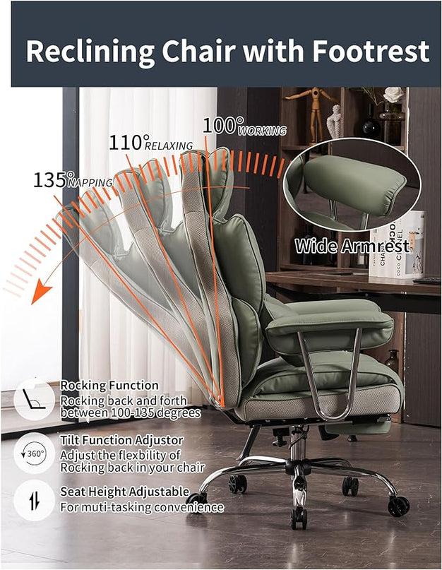 Desk Office Chair 400LBS,Big and Tall PU Leather Computer Chair, Executive Office Chair with Leg Rest and Lumbar Support, Light Green Office Chair - LeafyLoom