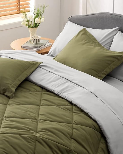 Bedsure Olive Green Twin Comforter Set - 5 Pieces Reversible Twin Bed in a Bag, Extra Long Twin Bed Set with Comforters, Sheets, Pillowcase & Sham, Twin Bedding Sets for College - LeafyLoom