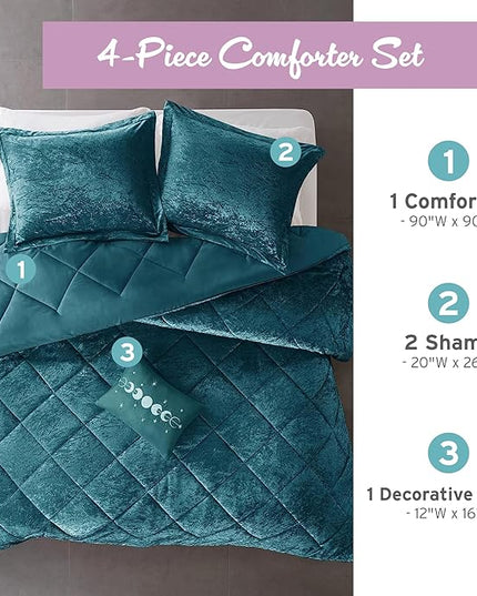 Intelligent Design Queen Comforter Set, Velvet Comforter Set , Luxury Diamond Quilting Comforter Set, Fluffy Comforter Bed Set with Decorative Pillowand 2 Shams, 4 Piece Teal, Full/Queen - LeafyLoom
