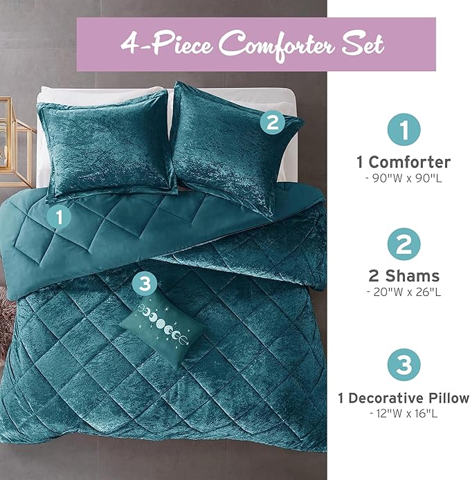 Intelligent Design Queen Comforter Set, Velvet Comforter Set , Luxury Diamond Quilting Comforter Set, Fluffy Comforter Bed Set with Decorative Pillowand 2 Shams, 4 Piece Teal, Full/Queen - LeafyLoom