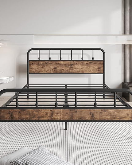 Black Queen Bed Frame with Wood Headboard,Metal Platform Bed Frames,No Box Spring Needed,Easy Assembly Rustic Brown - LeafyLoom