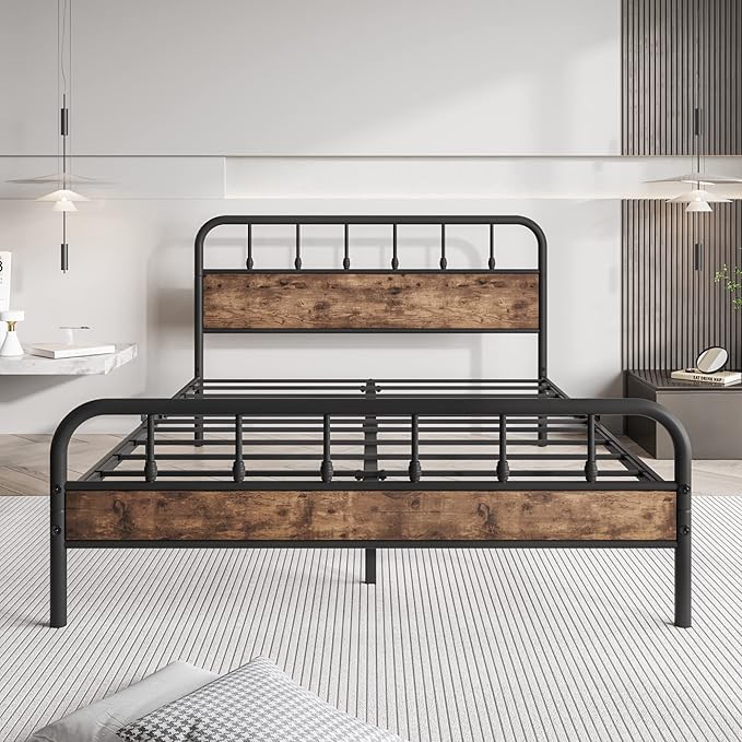 Black Queen Bed Frame with Wood Headboard,Metal Platform Bed Frames,No Box Spring Needed,Easy Assembly Rustic Brown - LeafyLoom