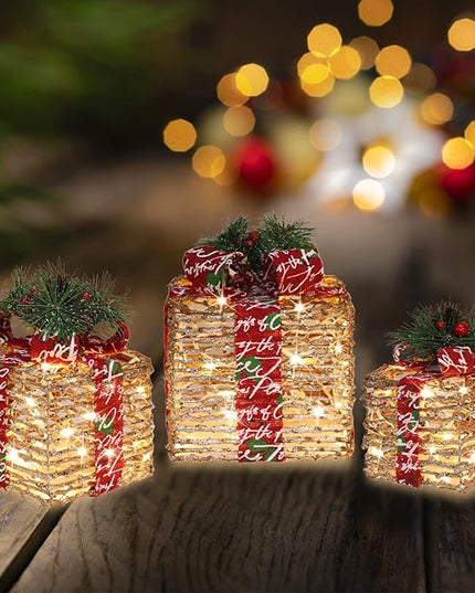 [Large 10"x8.5"x7" Christmas Set of 3 Lighted Rattan Gift Boxes Decorations Pre-lit 70 Super-Bright LED with Flashers,for Indoor Outdoor Pathway Holiday Party Home(Warm White) GLOWNOVA