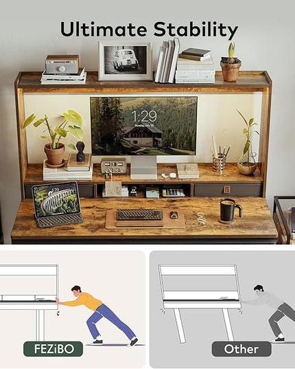 FEZIBO 55 x 27.5 Inches Electric Standing Desk with Open Shelf&LED Strip, Adjustable Height Sit Stand Up Desks with 4 Drawers, Ergonomic Workstation，Rustic Brown - LeafyLoom