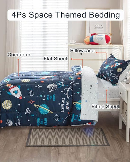 Planet Twin Comforter Set for Boys Girls 4-Piece Rocket Kids Bedding Sets Galaxy Space Stars Bedroom Decor - Include Reversible Comforter, Flat Sheet, Fitted Sheet and Pillowcase - LeafyLoom
