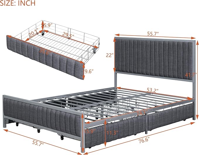 RITSU Full Size Upholstered Platform Bed with 4 Drawers, Metal Frame Tufting Linen Fabric Backrest, Large Storage Space for Bedroom, Apartment, No Need for Box Springs, Gray - LeafyLoom