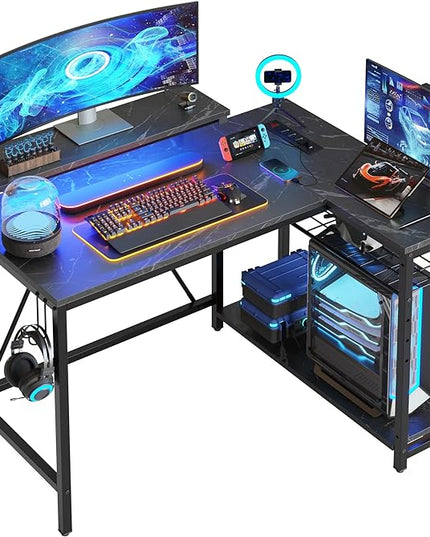 Bestier Small Gaming Desk with Power Outlets,42 L Shaped LED Computer Desk with Monitor Stand Reversible Storage Shelves,Corner Gamer Desk with Headset Hooks USB Port,Black Marble - LeafyLoom