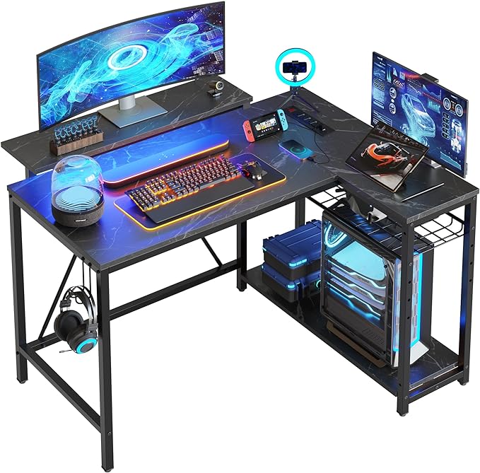 Bestier Small Gaming Desk with Power Outlets,42 L Shaped LED Computer Desk with Monitor Stand Reversible Storage Shelves,Corner Gamer Desk with Headset Hooks USB Port,Black Marble - LeafyLoom