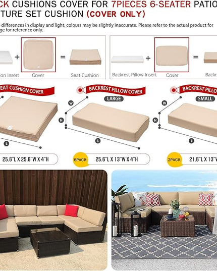 ClawsCover 14Pack Outdoor Patio Seat and Back Cushions Replacement Covers Fit for 7Pieces 6-Seater Wicker Rattan Sectional Couch Chair Furniture Set,Light Khaki-Include Cover Only (Large) - LeafyLoom