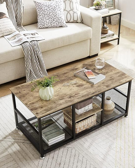 VECELO Coffee Center Table with Storage for Living Room Office Reception, Modern & Industrial Mesh Shelf, 39.4 Inch, Grey - LeafyLoom